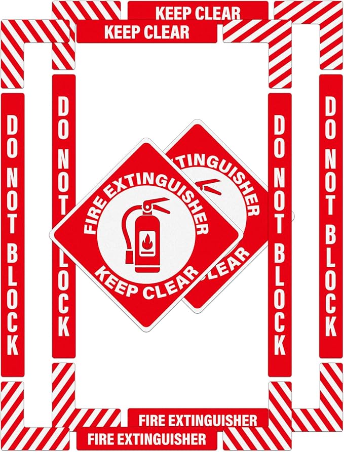 2 Pack Fire Extinguisher Signs Self Adhesive Keep Clear Do Not Block Floor Sign with Strips Waterproof Vinyl Fire Extinguisher Floor Marking Kits for Business Warehouse Office Red