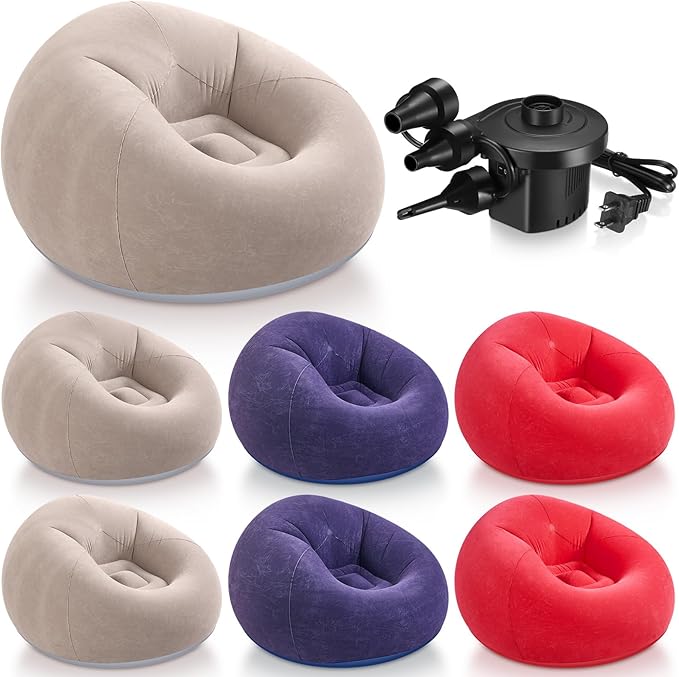 Realspring 6 9 12 Pcs Inflatable Bean Bag Chairs for Adults with Electric Air Pump, Blow up Couch Folding Portable Inflatable Couch Lazy Sofa for Outdoor Movie Night Camping(Coffee,Blue,Red,6 Pcs)
