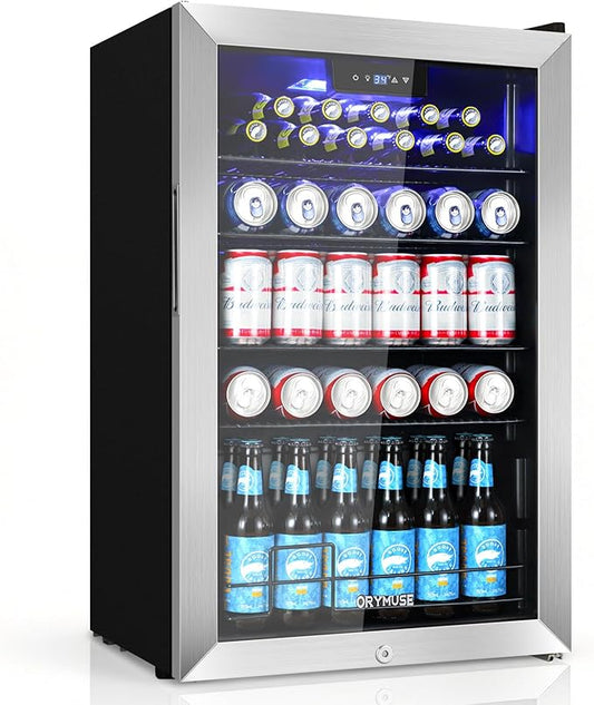 ORYMUSE 20 Inch Beverage Refrigerator, 145 Can Drink Fridge with Glass Door, Under Counter or Freestanding Beer Cooler, Compact Mini Fridge for Home Bar, Office & Kitchen, Stainless Steel