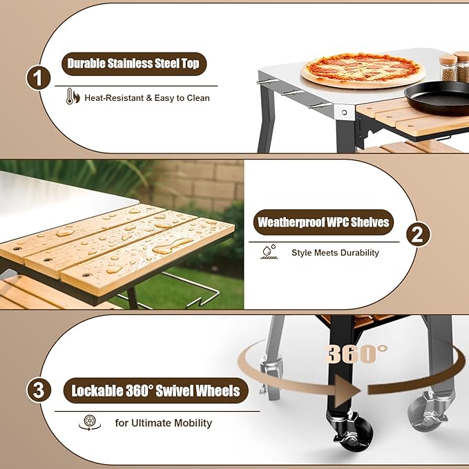 Pizza Oven Stand & Shelf for Solo Stove Pi Pizza Oven, Outrdoor XSKUNStand for Ninja Woodfire, Kitchen Table for Cooking with Stainless Steel Top, WPC Storage Shelves, Lockable 360° Swivel Wheels