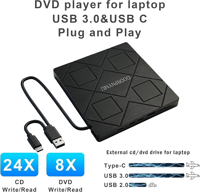 External CD Drive: an 8-in-1 DVD Player for Laptop Featuring USB*2 /C*2,TF/SD Card Reader.CD/DVD +/-RW Burner,Compatible with Windows 11/10/ 8/7/XP,Linux,Mac os. Comes with 1+4 Storage Bag