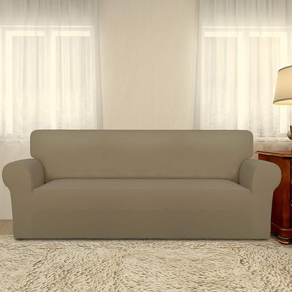 PureFit Stretch Oversized Couch Covers Fleece Sofa Slipcovers Tan | 1-Piece Sofa Cover Washable Soft Couch Protector, Couch Slipcover with Non Skid Foam and Elastic Bottom for Kids, Dogs