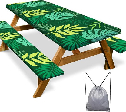 Picnic Table Cover Bench Covers Camping Essentials Tablecloth | Waterproof Vinyl for Outdoor, Windproof Elastic Fitted Edges, RV BBQ Accessories Must Haves, Storage Bag Included