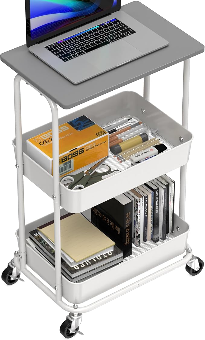 Simple Houseware 2-Tier Rolling Utility Cart Wood Top/Lockable Wheel, Gray | Metal Storage Organizer Trolley for Kitchen, Bathroom, Office, Craft Room