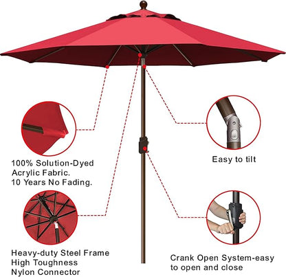 EliteShade USA 10-Year-Non-Fading 9Ft Market Patio Umbrella, UPF 50+ UV Protection Performance Sun Umbrella, Heavy Duty Commercial Grade Outdoor Table Umbrella with Crank & Tilt, Windproof Vented Top for Garden, Pool, Deck and Outdoor Playsets, Logo Red