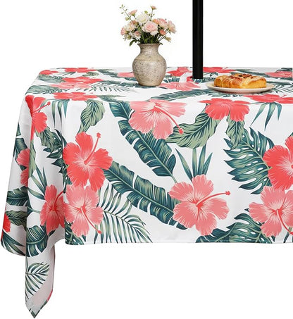 SquarePie Rectangle Outdoor Tablecloth with Umbrella Hole and Zipper 60x84 inch,Water Resistant SpillProof Patio Table Cloth for Spring Summer Camping Garden Poolside Picnic,Palm Leaf Red Flower
