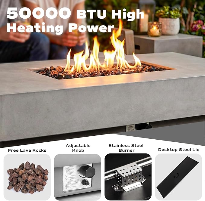 60-inch Outdoor Propane Fire Pit Coffee Table with Tank Cover, 50,000 BTU Concrete Rectangle Modern Outside Fire Table, Auto-Ignition, Included Lava Rocks, Metal Lid & Waterproof Cover