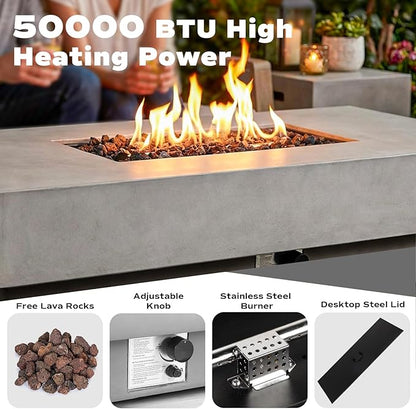60-inch Outdoor Propane Fire Pit Coffee Table with Tank Cover, 50,000 BTU Concrete Rectangle Modern Outside Fire Table, Auto-Ignition, Included Lava Rocks, Metal Lid & Waterproof Cover