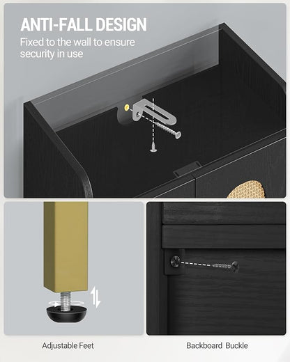Hzuaneri Bathroom Cabinet, Small Storage Cabinet with 4 Doors | Bathroom Organizers and Storage Cabinets with Adjustable Feet. Cabinets Freestanding for Living Room, Kitchen, Rattan black