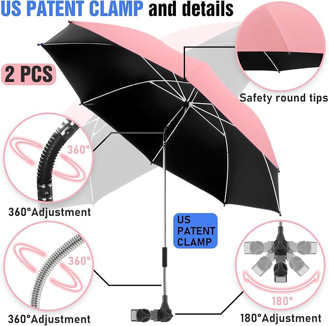 2 PACK Beach Umbrella with Clamp, 360 ° Adjustable Umbrellas for Chair, UPF50+ Umbrella for Beach Chair, Patio Chair, Wheelchair, Camping Chair, Golf Carts (Chair Not Included)