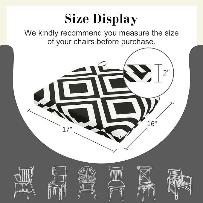 Cozyide Outdoor Chair Cushions, Waterproof Patio Seat Cushions with Adjustable Straps, Round Corner Patio Chair Cushions for Garden, Black Geometry, 17x16x2 Inch (Pack of 4)