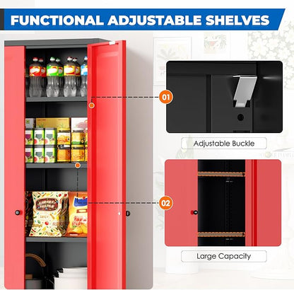 INTERGRAET Kitchen Pantry Cabinet, 63" Tall Metal Pantry Storage Cabinets with 2 Doors and 4 Shelves, Metal Storage Cabinet,Cupboard for Home,Kitchen,Living Room/Dining, Black Red