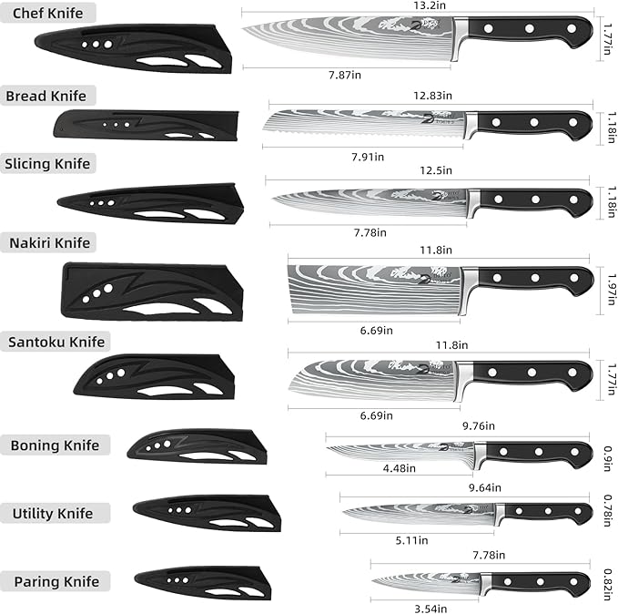 Dfito Chef Knife Set with Roll Bag, 9PCS Professional Knife Set with Sharpener, High Carbon Stainless Steel Kitchen Knife Set with Anti-Slip Ergonomic Handle for Camping, Travel, BBQ, RV or Gift Black