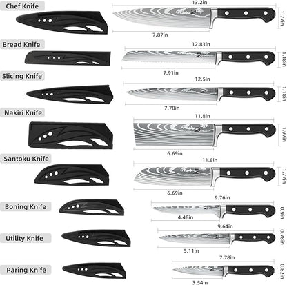 Dfito Chef Knife Set with Roll Bag, 9PCS Professional Knife Set with Sharpener, High Carbon Stainless Steel Kitchen Knife Set with Anti-Slip Ergonomic Handle for Camping, Travel, BBQ, RV or Gift Black