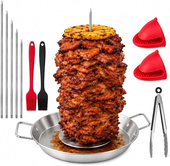 Al Pastor Skewer for Grill, 13 Inch Stainless Steel Vertical Skewer Pan with 5 Spikes, Grease Separator Tray, Tongs, Gloves & Basting Brushes, Shawarma Gyro Kebab Stand for Oven Smoker BBQ