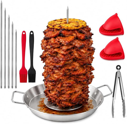 Al Pastor Skewer for Grill, 13 Inch Stainless Steel Vertical Skewer Pan with 5 Spikes, Grease Separator Tray, Tongs, Gloves & Basting Brushes, Shawarma Gyro Kebab Stand for Oven Smoker BBQ