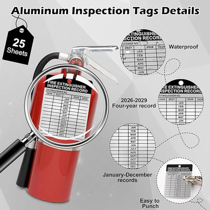 25 Sets Metal Inspection Tags Safety Inspection Tags Fire Extinguisher Inspection Sticker 2.2X3inch Fire Extinguisher Inspection Record Tag 2026-2029 with Handheld Hole Puncher for Indoor Outdoor (25)