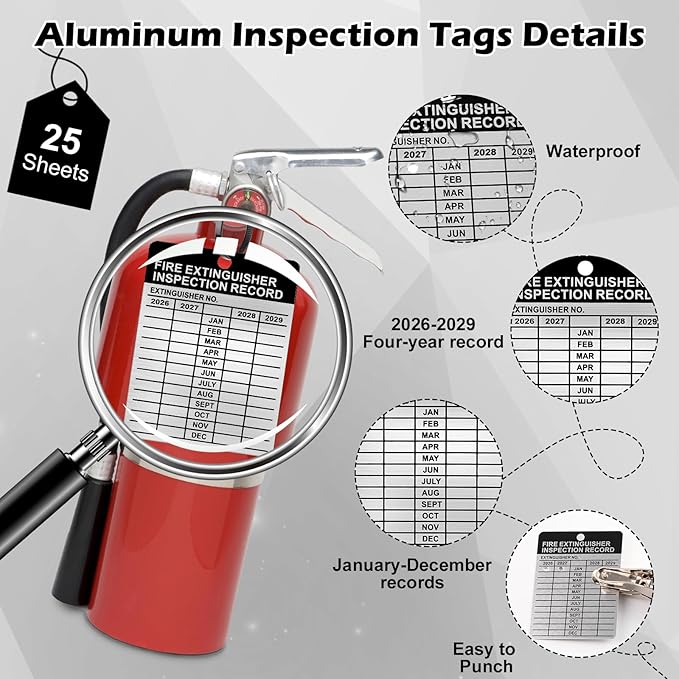 50 Sets Metal Inspection Tags Safety Inspection Tags Fire Extinguisher Inspection Sticker 2.2X3inch Fire Extinguisher Inspection Record Tag 2026-2029 with Handheld Hole Puncher for Indoor Outdoor (50)