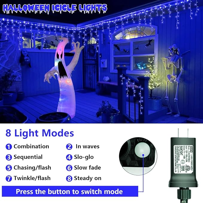 QITONG Blue Icicle Lights for Outside, 33ft 400 LED String Lights Plug in with 8 Modes, Clear Wire Connectable Icicle Christmas Light Indoor