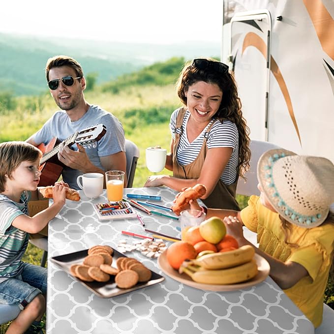 UMINEUX Fitted Rectangle Tablecloth, 30x72 Inch, 1-Pieces, GreyMorocco | Fitted for 6 ft Rectangle Tables, Plastic Vinyl Flannel Backed, Elastic Edged, Waterproof & Wipeable, Indoor Patio Use