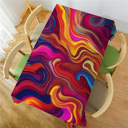 Swono Chaotic Waves Table Cloth Rectangle Tables Abstract African Rainbow Chaotic Wave Pattern Kitchen Table Cover Oblong 52"X70" Tablecloth for Dining Table Buffet Parties Patio Camping
