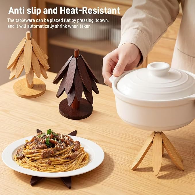 DecBeLiv Foldable Tree Trivet Wooden Hot Plate Holder, Bamboo Trivet for Hot Dishes, Heat-Resistant Pot Holder Tree for BBQ, Picnic, Outdoor Dining & Kitchen Decor(Walnut-3)
