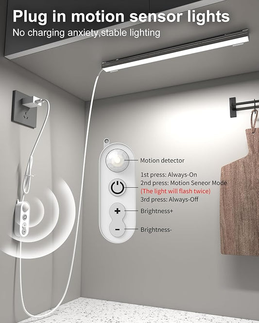 ASOKO Motion Sensor Dimmable Led Under Cabinet Lighting,12 inches Plug in Led Counter Light Bars, Cool White 6000K Light Bar for Kitchen/Closet/Wardrobe/Shelf/Desk/Display Case