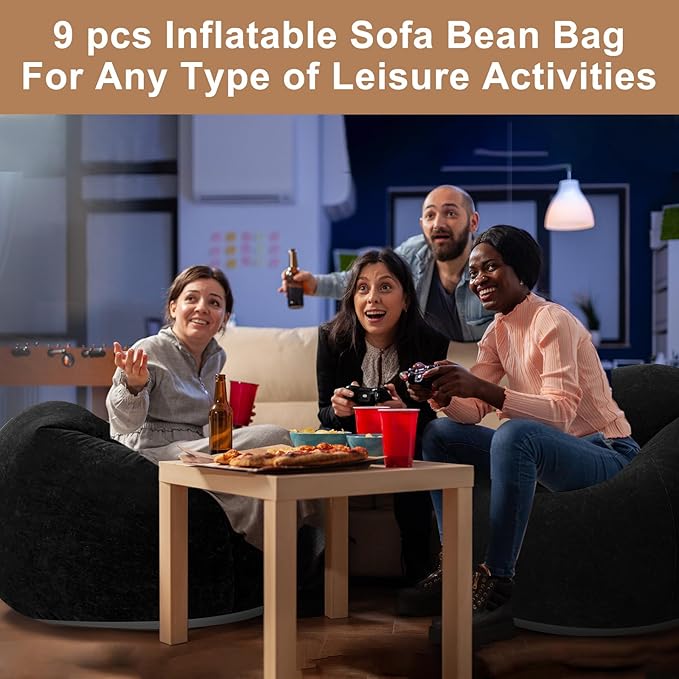 Realspring 6 9 12 Pcs Inflatable Bean Bag Chairs for Adults with Electric Air Pump, Blow up Couch Folding Portable Inflatable Couch Lazy Sofa for Outdoor Movie Night Camping(Black,9 Pcs)