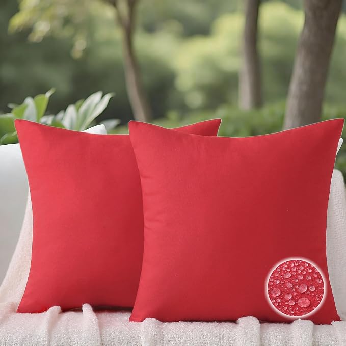 Outdoor Throw Pillows with Inserts, Waterproof Pillows for Outdoor Seating, Square Decorative Garden Cushion for Patio Furniture, Bed, Couch, Sofa(Red, 18" x 18" (Pack of 2))