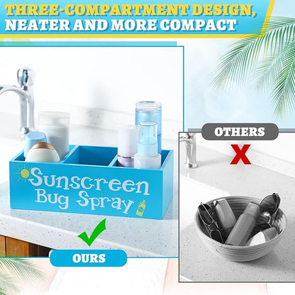 CroBlissful Sunscreen Bug Spray Storage Basket Blue Summer Wooden Box with 3 Compartments Toilet Tank Tray for Indoor Outdoor Swimming Pool Decor Sunblock Sunglasses Beach Pool Toy Storage Box