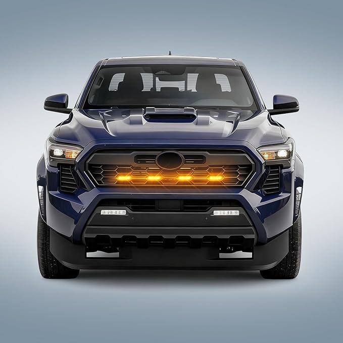 LED Grill Lights - 4PCS Front Grill Lights for Toyota Tacoma TRD Sport TRD Off-Road TRD Pre Runner 2024 2025 2026 with Fuse Adapter & Harness (Amber Light with Black Shell)