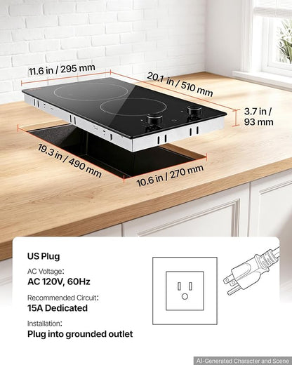 VEVOR Electric Cooktop 12in 2 Burners Portable Stove Top 1800W 120V Plug In, Ceramic Countertop/Built-in Radiant Electric Stove, with 11 Power Levels, Over-Heat Guard, Knob Control