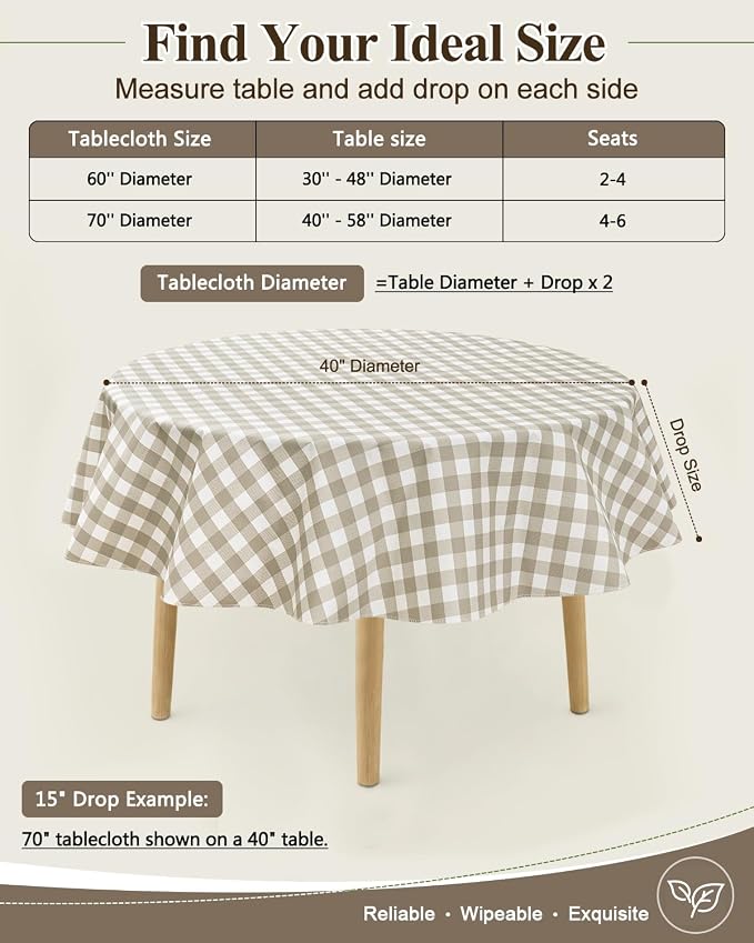 Seenus Cottage Farmhouse Khaki Gingham Plastic Tablecloth with Flannel Backing, Waterproof & Easy Clean Checkered Round Table Cover for Tea Party Patio Dining, 70 Inch Round (Fits 40-58" Tables)