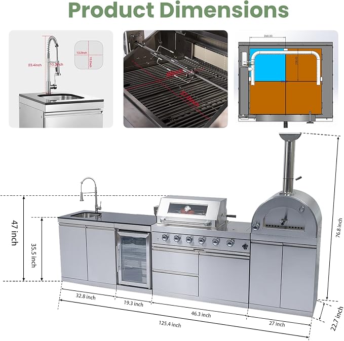 125-Inch Stainless Steel Outdoor Kitchen Island, Natural Gas BBQ Grill with Standalone Side Burner Pizza Oven, Rotisserie, Refrigerator, Granite Countertop, Storage Cabinets & Drawers 108000 BTU.
