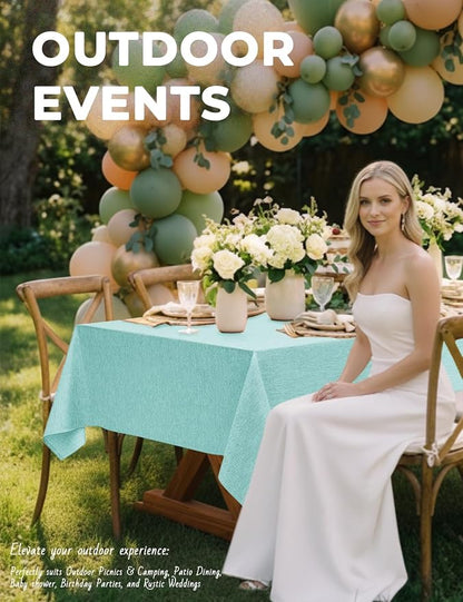 Decorelia Faux Linen Farmhouse Table Cloth 60"x144" for 10 ft Rectangle Table, Aqua Waterproof Outdoor Washable Cloth Tablecloth for Rectangular Dining Room Kitchen Outdoor Party Restaurant Table