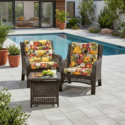 Outdoor Tufted High-Back Chair Cushions, One-Piece Hinged Seat and Back Design, Reversible with 4 Ties, Durable Polyester Fabric, Recycled Fiber Fill - Set of 2, Aloha Black Floral