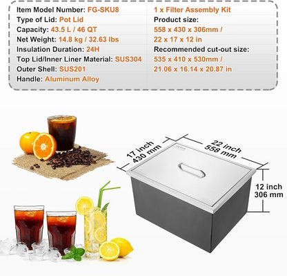 VEVOR Drop in Ice Chest, 22" L x 17" W x 12" H Stainless Steel Ice Cooler, Commercial Ice Bin with Cover, 46 qt Outdoor Kitchen Ice Bar, Drain-Pipe and Drain Plug Included, for Cold Wine Beer