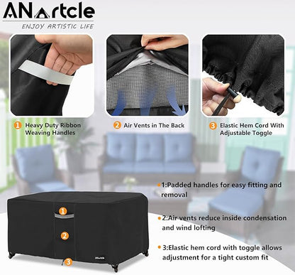 ANartcle Patio Coffee Table Cover, 600D Waterproof Heavy Duty Rectangular Outdoor Table Cover,Patio Furniture Covers,48 x 28 x 16 inch,Black
