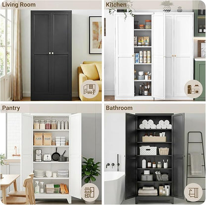 75" Tall Metal Kitchen Pantry Cabinet, Freestanding Steel Storage Cabinet with Doors, 5 Adjustable Shelves, for Dining Room, Black
