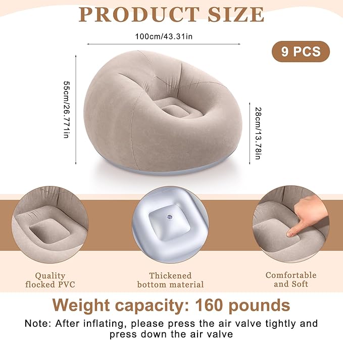Realspring 6 9 12 Pcs Inflatable Bean Bag Chairs for Adults with Electric Air Pump, Blow up Couch Folding Portable Inflatable Couch Lazy Sofa for Outdoor Movie Night Camping(Coffee,9 Pcs)