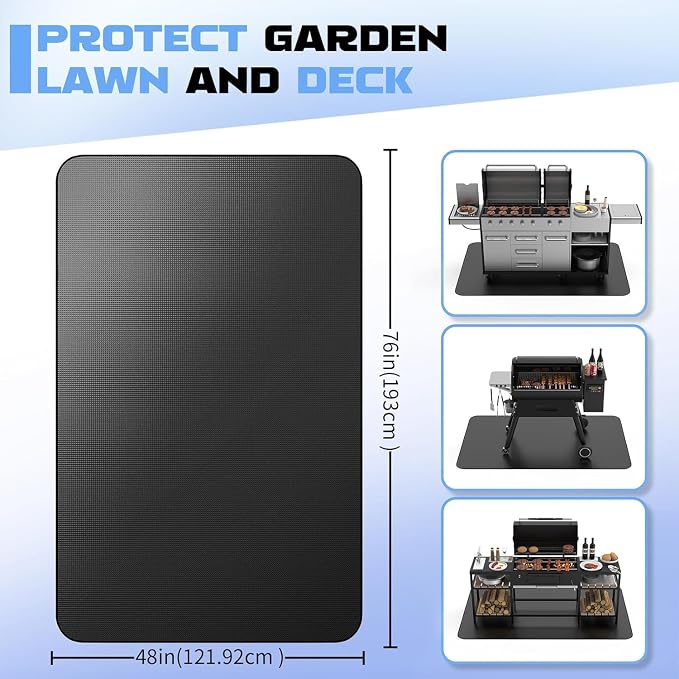 76 x 48 Grill Mat for Outdoor Grill, 20 mil Fire Resistant BBQ Pad | 20 mil XL under grill mat with fiberglass core; silicone fire coating helps protect decks, patios and fire pit areas.