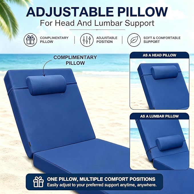 Chaise Lounge Cushion for Outdoor Furniture, Waterproof, Fade-Resistant and Tear Resistant, Patio Lounger Pads with Removable Cover for Pool, Deck, Lawn, 80x26x4 inch, Royal Blue