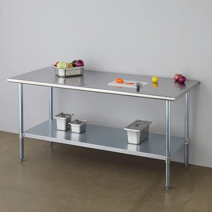 ROCKPOINT Stainless Steel Table for Prep & Work 30x72 Inches, NSF Metal Commercial Kitchen Heavy Duty Table with Adjustable Under Shelf and Table Foot for Restaurant, Home and Hotel, Silver