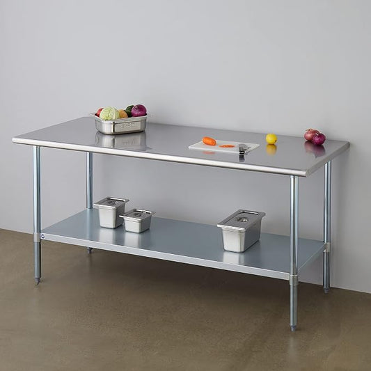 ROCKPOINT Stainless Steel Table for Prep & Work 30x72 Inches, NSF Metal Commercial Kitchen Heavy Duty Table with Adjustable Under Shelf and Table Foot for Restaurant, Home and Hotel, Silver