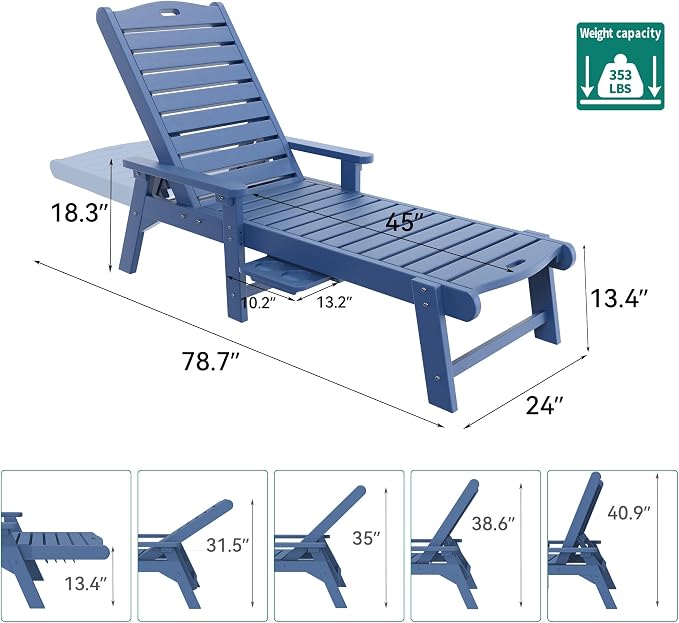 YITAHOME Outdoor Chaise Lounge Chair Set of 4 with Adjustable Backrest, Heavy Duty Resin Patio Lounger with Retractable Tray, 350lbs Capacity Waterproof for Outside Poolside Beach Backyard, Dark Blue