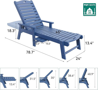 YITAHOME Outdoor Chaise Lounge Chair Set of 4 with Adjustable Backrest, Heavy Duty Resin Patio Lounger with Retractable Tray, 350lbs Capacity Waterproof for Outside Poolside Beach Backyard, Dark Blue