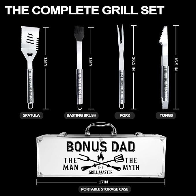 Bonus Dad Gifts, Bonus Dad Gifts for Him Fathers Day Heavy Duty Grilling Accessories Kit for Backyard BBQ, Thick Stainless Steel Grill Utensils with Non-Slip Handle Tool for Man on Birthday
