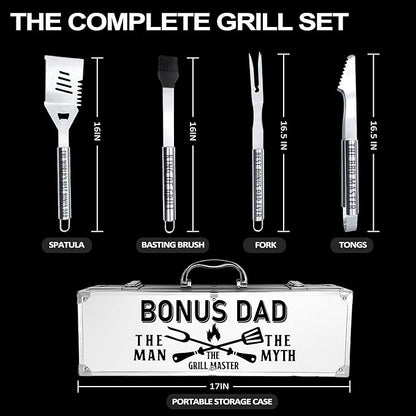 Bonus Dad Gifts, Bonus Dad Gifts for Him Fathers Day Heavy Duty Grilling Accessories Kit for Backyard BBQ, Thick Stainless Steel Grill Utensils with Non-Slip Handle Tool for Man on Birthday
