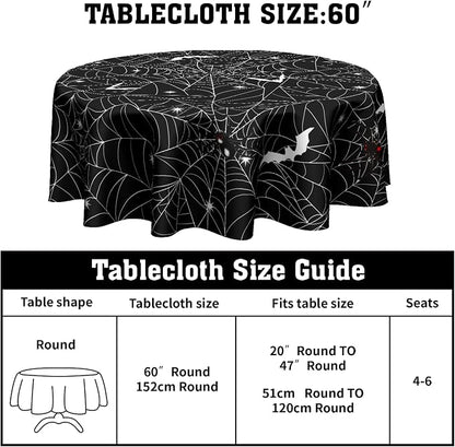Sweetshow Halloween Spider Web Table Cloth Round Black and White Bat Tablecloth 70 Inch Decor Washable Stain and Wrinkle Resistant Round Table Cover for Dining Picnic
