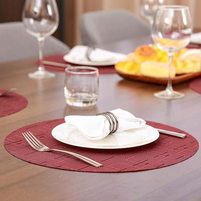 15 Inch Round Placemats Set of 6, Washable Vinyl Woven Place Mats | Heat Resistant Non-Slip Braided Table Mats for Dining Table Kitchen Indoor & Outdoor Use (Red, Set of 6)